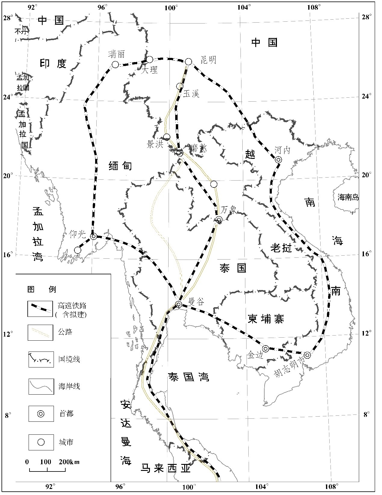 图1  泛亚铁路规划路线示意图注:图1铁路线示意图根据"新华丝路"网站